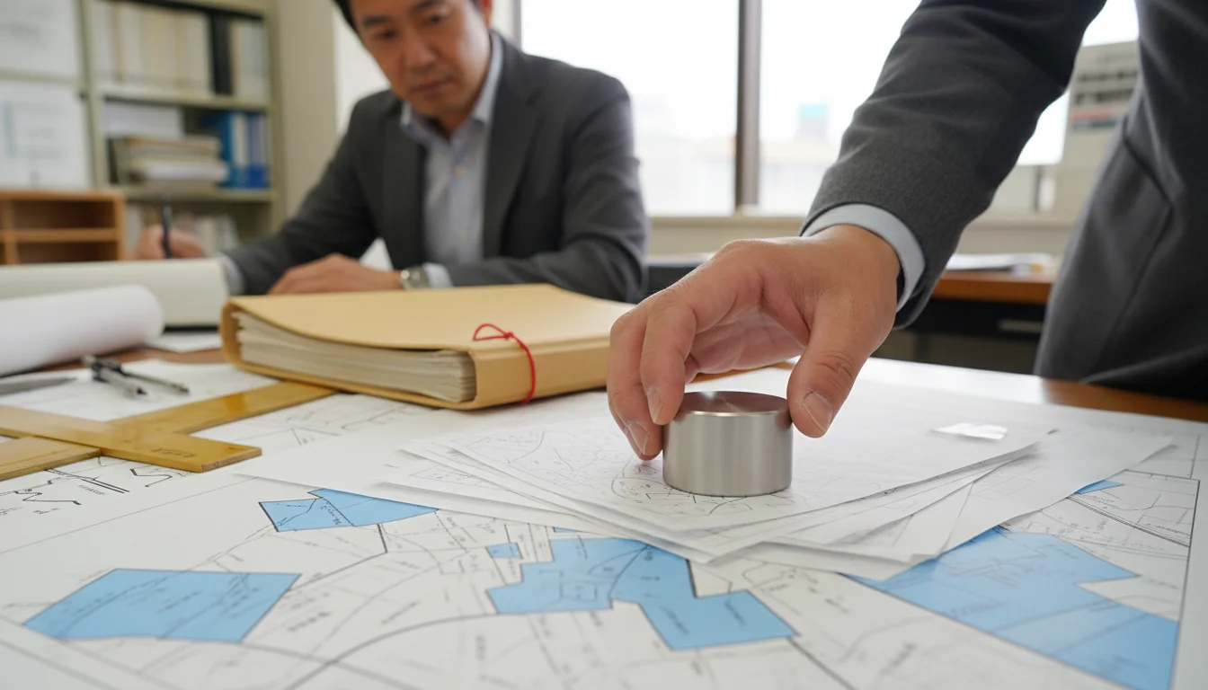 複数の権利書類と土地の図面を机上で照合する手元