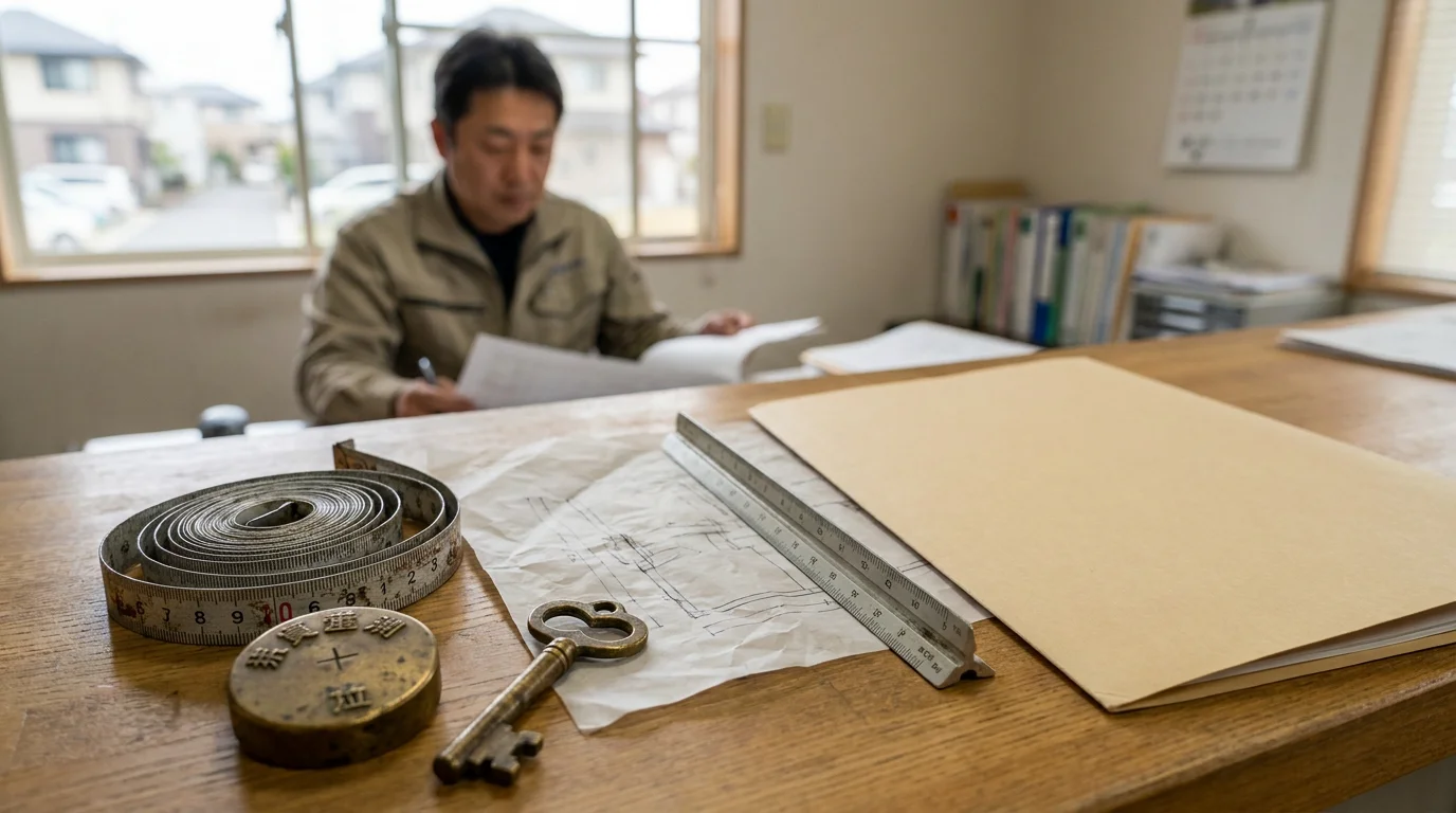 巻尺、測量用の図面、筆記具を並べた不動産調査の道具