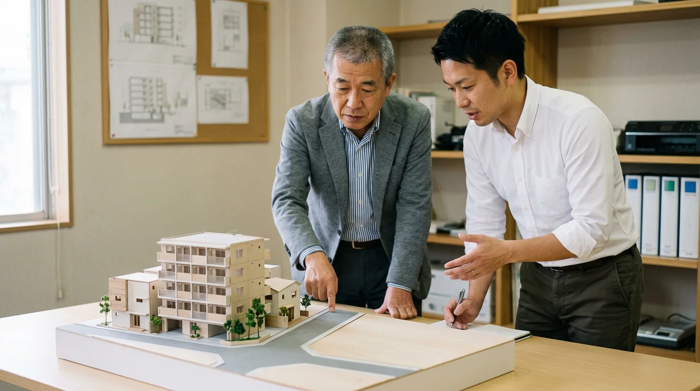 集合住宅の建築模型と敷地配置図を確認する机上