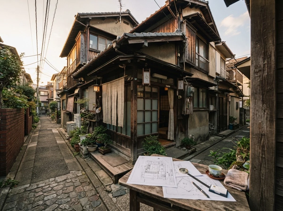 細い通路の奥に建つ古い住宅と隣接する住宅の外観
