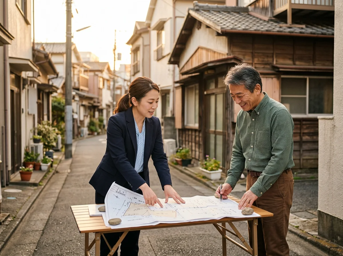 集合住宅の敷地を見渡しながら図面と測量資料を確認する担当者