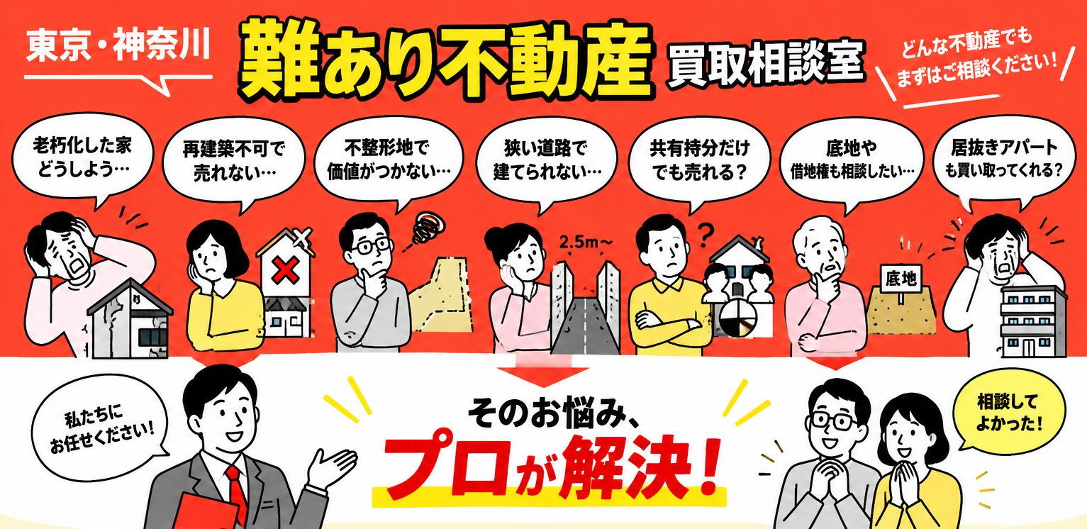 東京・神奈川 難あり不動産買取相談室。老朽化した家、再建築不可、不整形地、狭い道路、共有持分、底地・借地権、居抜きアパートのお悩みを、プロが解決します。