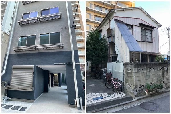 築古の木造アパートと新しいマンションが隣接する住宅街の街並み